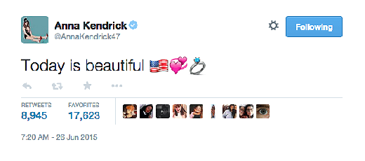 
	
	Nữ diễn viên Anna Kendrick của phim điện ảnh Pitch Perfect vui sướng chia sẻ trên trang twitter của mình: 'Ngày hôm nay mới đẹp làm sao'.